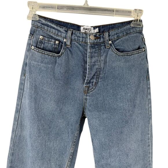 Princess Polly Jeans Size 4 Straight Leg Raw Hem Button Fly High Rise Blue Denim - Picture 2 of 8